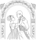 Dancing couple retro style coloring page for adult, Man and woman dance romantic illustration,